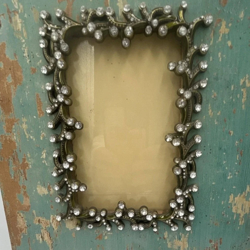 Rustic Ornate Metal & Wood Photo Frame Distressed Turquoise Brown Rectangle